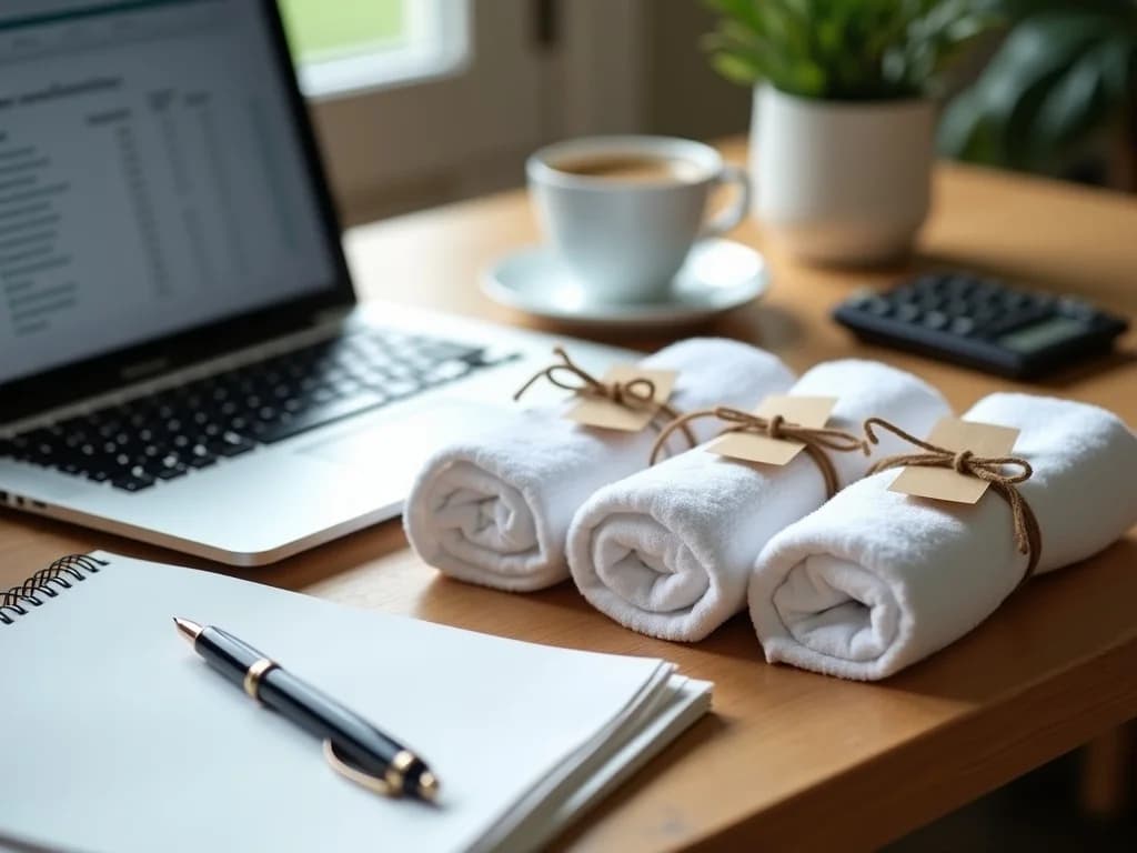 Desk with a laptop, a calculator and three tagged bundles of towel samples