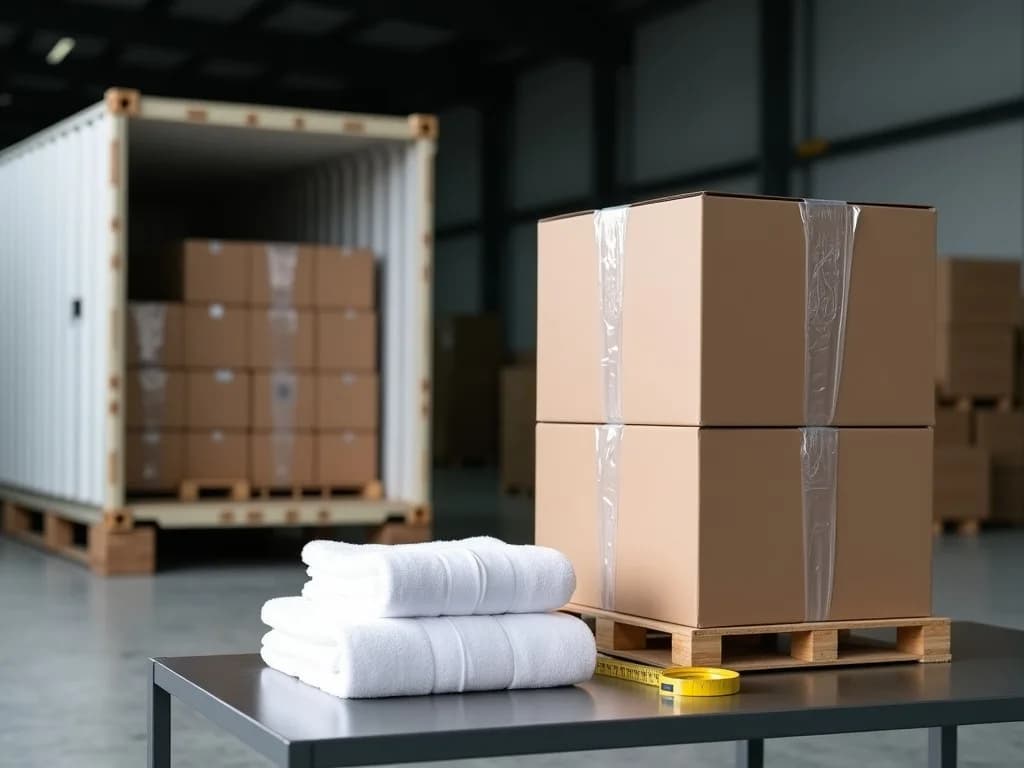 Export cartons unloaded from a shipping container in a warehouse, with folded towels and a tape measure on a table
