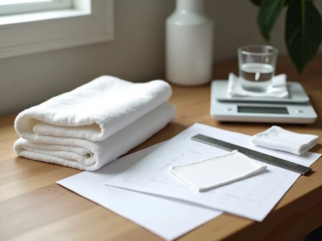 Towel and sheet samples on a desk with a scale, a glass of water and a ruler