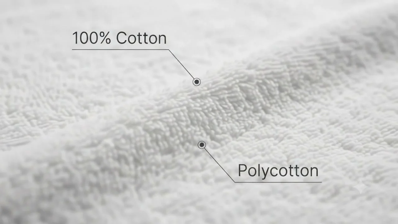 Close-up comparing 100% cotton and polycotton bathrobe fabric