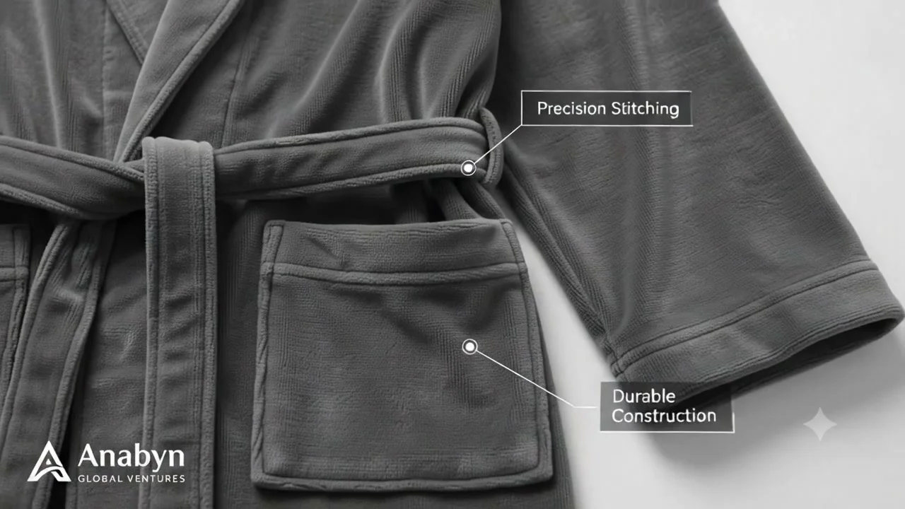 Close-up of bathrobe stitching and pocket construction