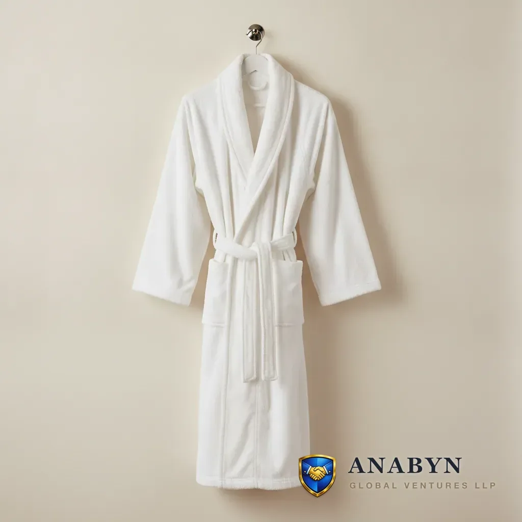 White terry hotel bathrobe on a hanger