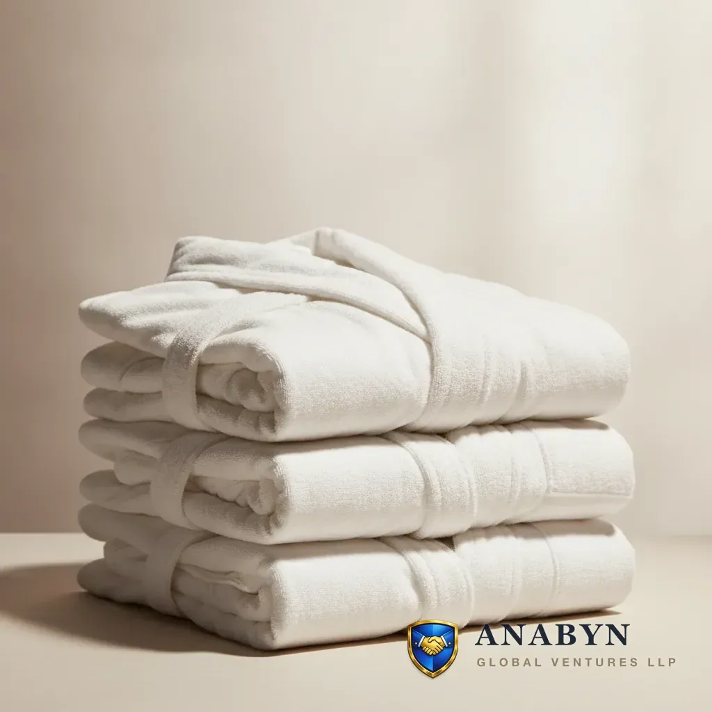 Stack of folded white terry bathrobes ready for packing
